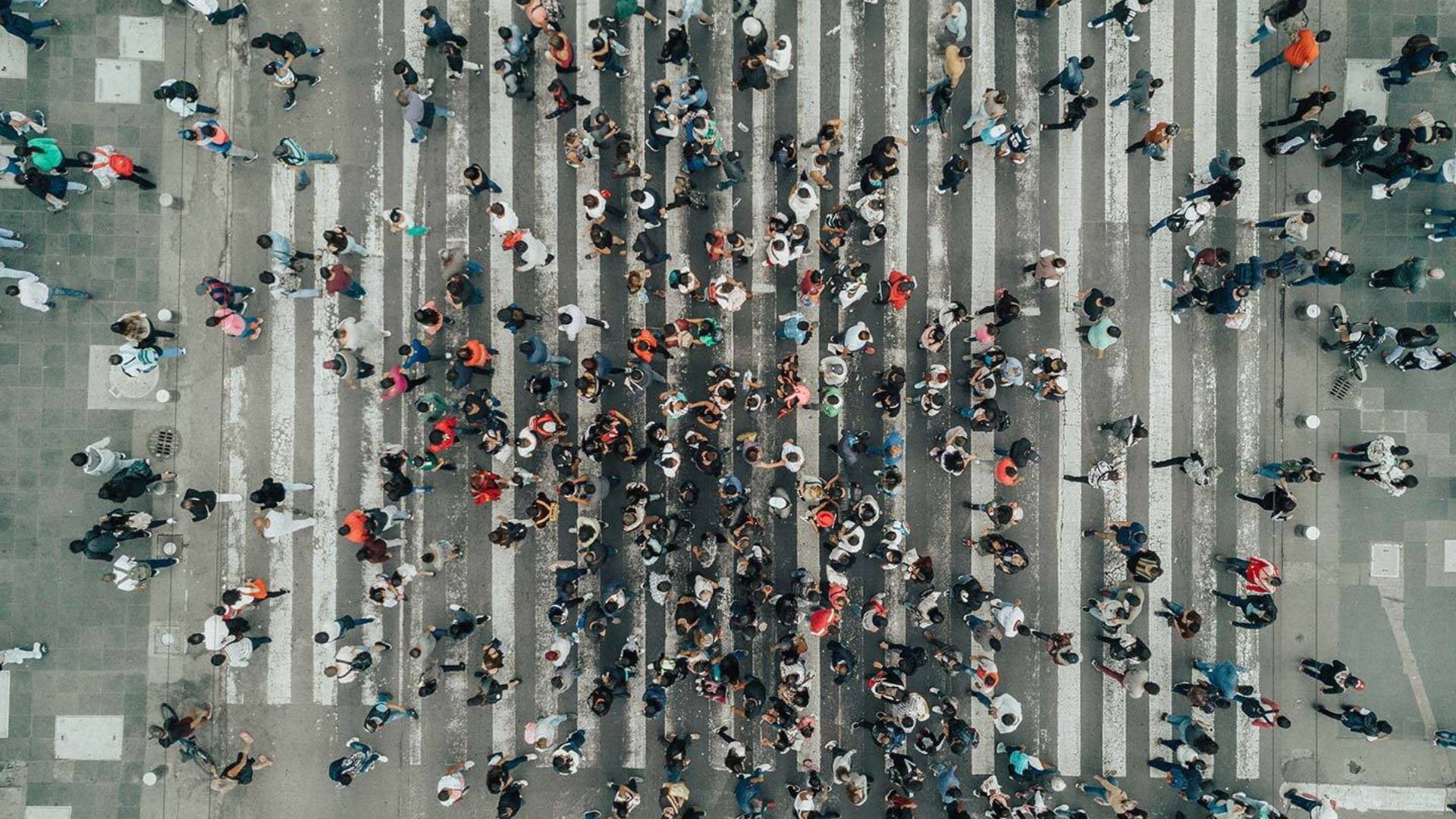 Luchtfoto van een groot aantal mensen die een weg oversteken.