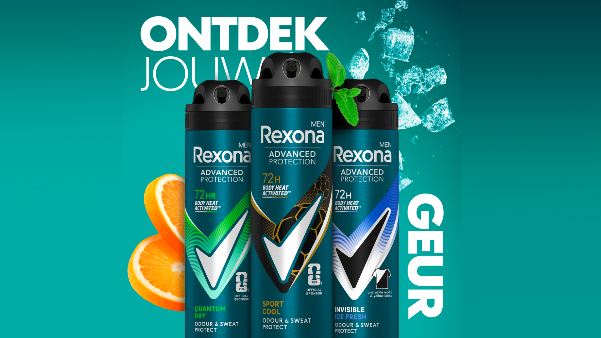 Lijn van Rexona’s mannen beschermingdeodorant lijn met de gepatenteerde 72 uurs bescherming op een blauwe achtergrond met sinaasappelpartjes.