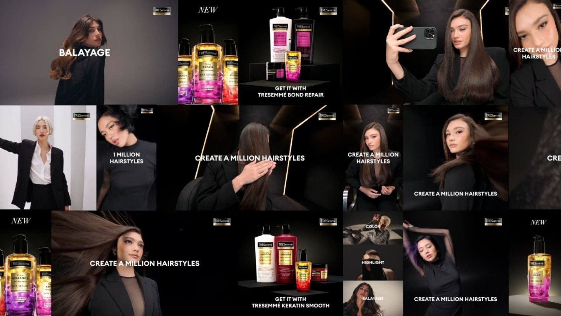 Een collage met afbeeldingen van TRESemmé-productflessen en -modellen.