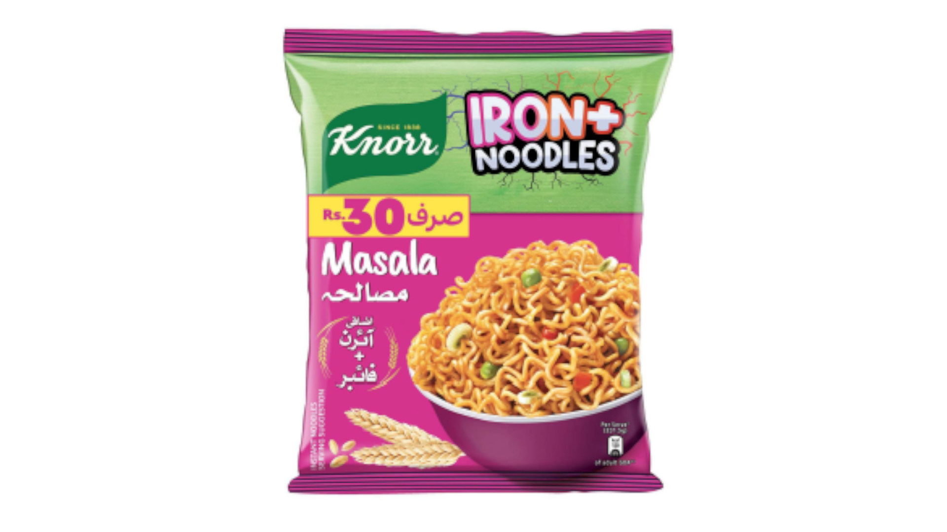 Een roze pakje Knorr noedels verrijkt met ijzer voor de Pakistaanse markt.