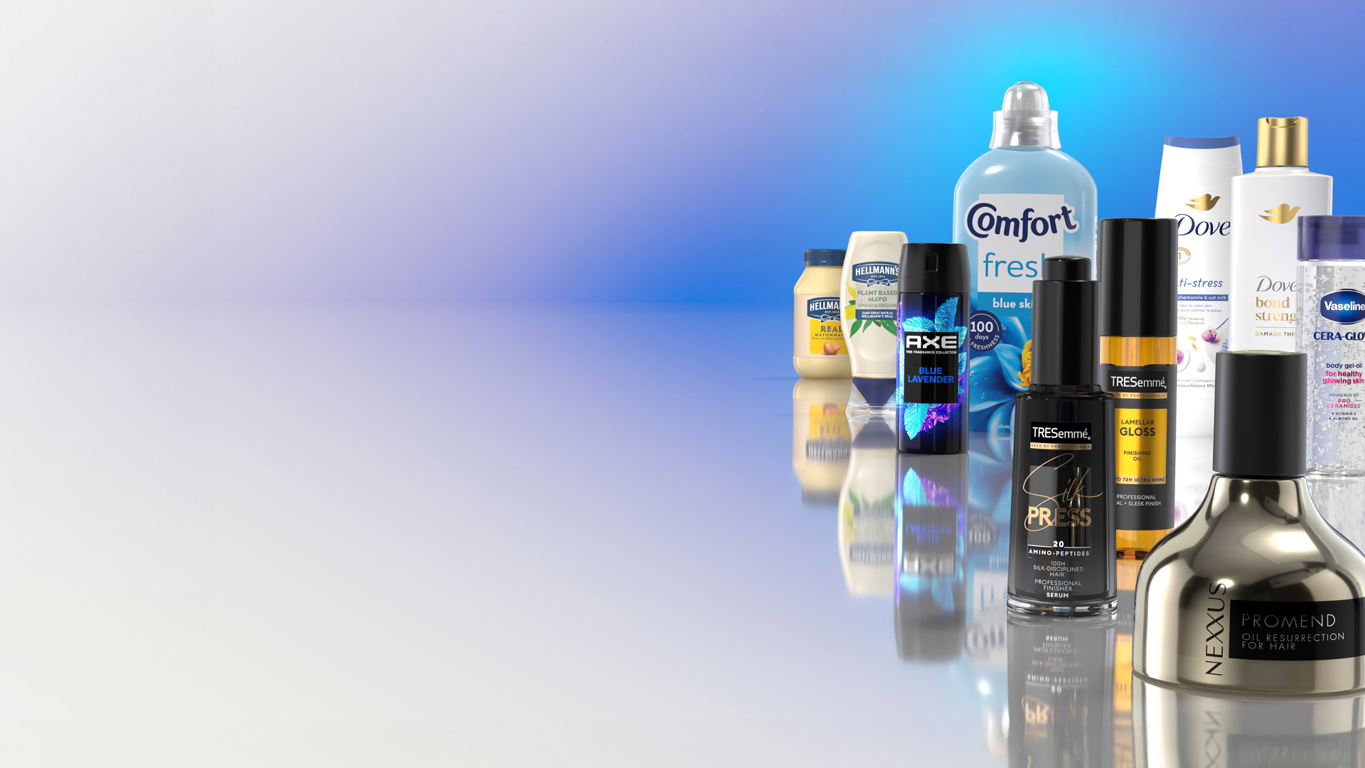 Een scala aan producten van Unilever, waaronder Hellmann’s Mayo, Comfort-wasverzachter, Dove-douchegel en TRESemmé-shampoo.