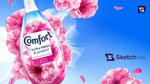 Een fles Comfort-wasverzachter met roze kersenbloesem gemaakt met Sketch AI-contentcreatie.