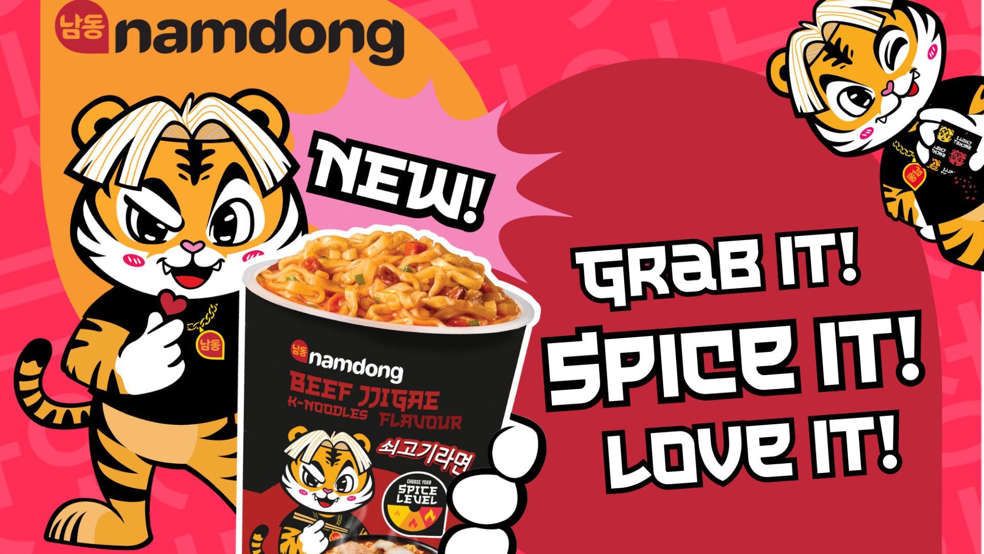Op de banner zie je een Tijger die de pot noodles vast houd. Daarbij staat de tekst; “Grab it, spice it, love it”.